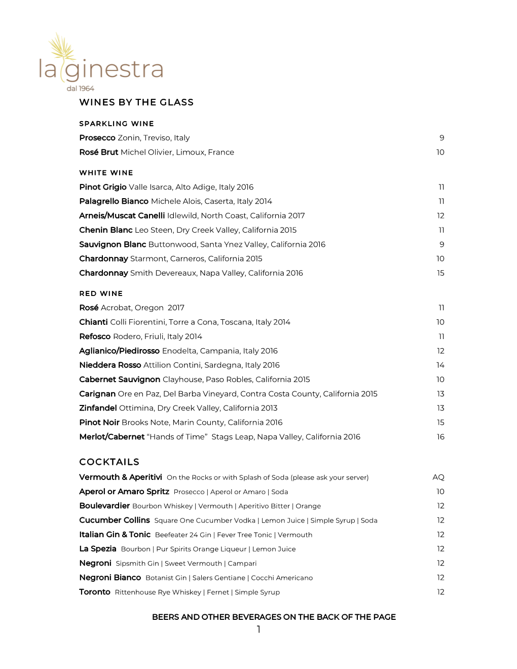 Wines by the Glass Cocktails