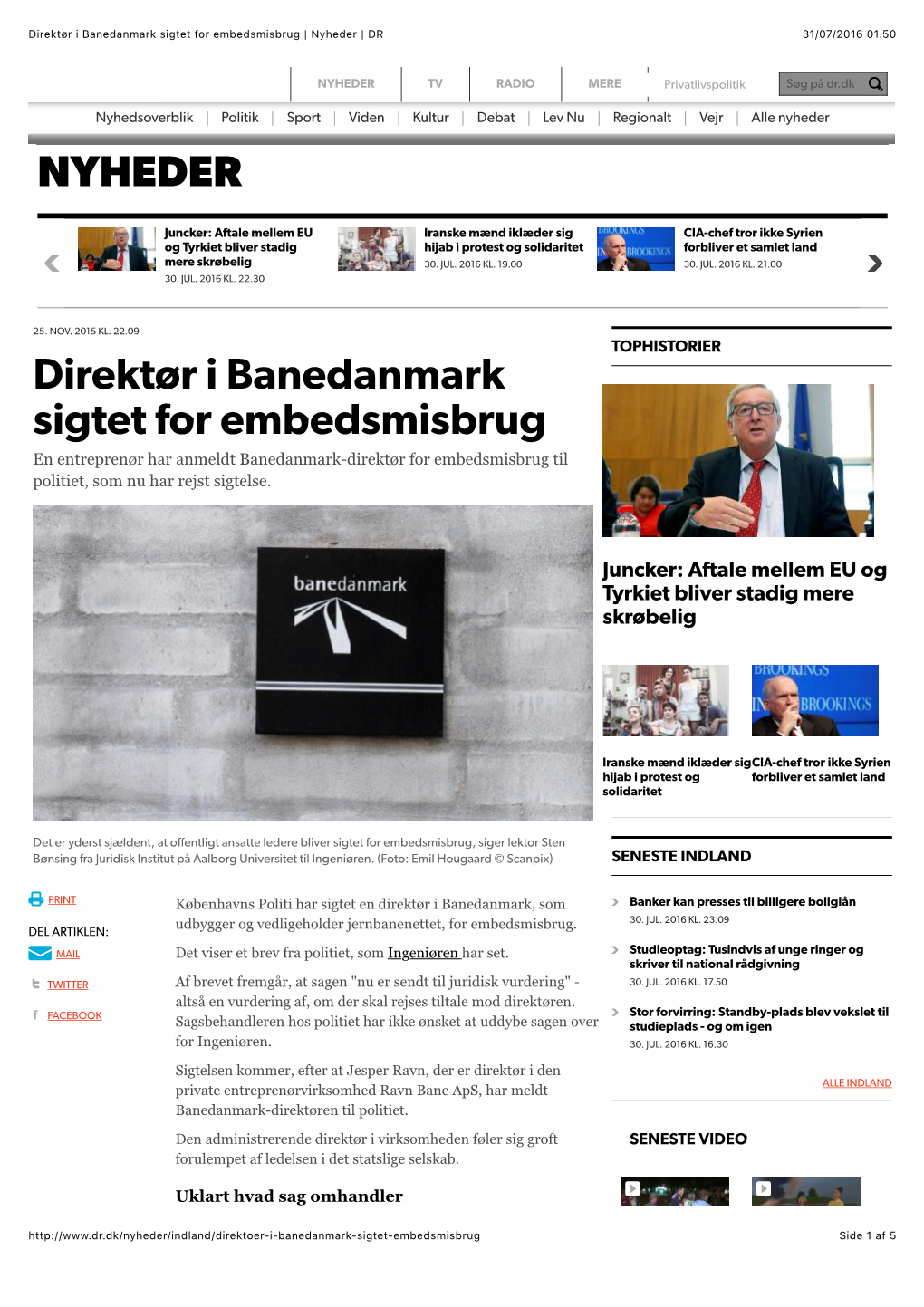 Direktør I Banedanmark Sigtet for Embedsmisbrug | Nyheder | DR 31/07/2016 01.50