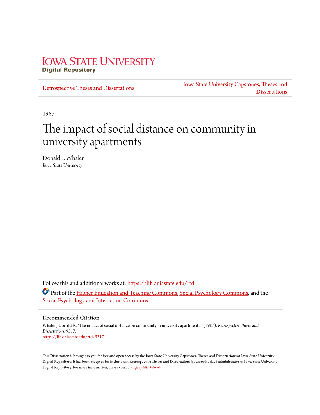 The Impact of Social Distance on Community in University Apartments Donald F