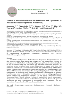 Towards a Natural Classification of Dothidotthia and Thyrostroma in Dothidotthiaceae (Pleosporineae, Pleosporales) Article