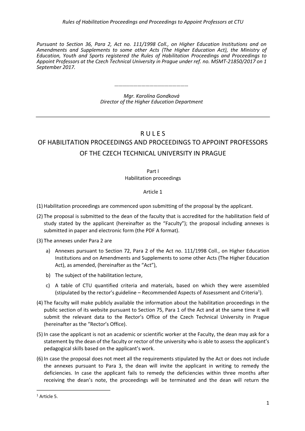 Rules of Habilitation Proceedings and Proceedings to Appoint Professors at CTU