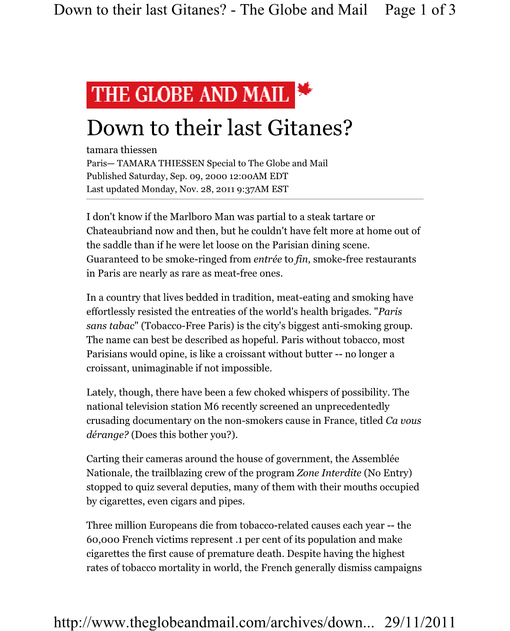 Down to Their Last Gitanes? - the Globe and Mail Page 1 of 3