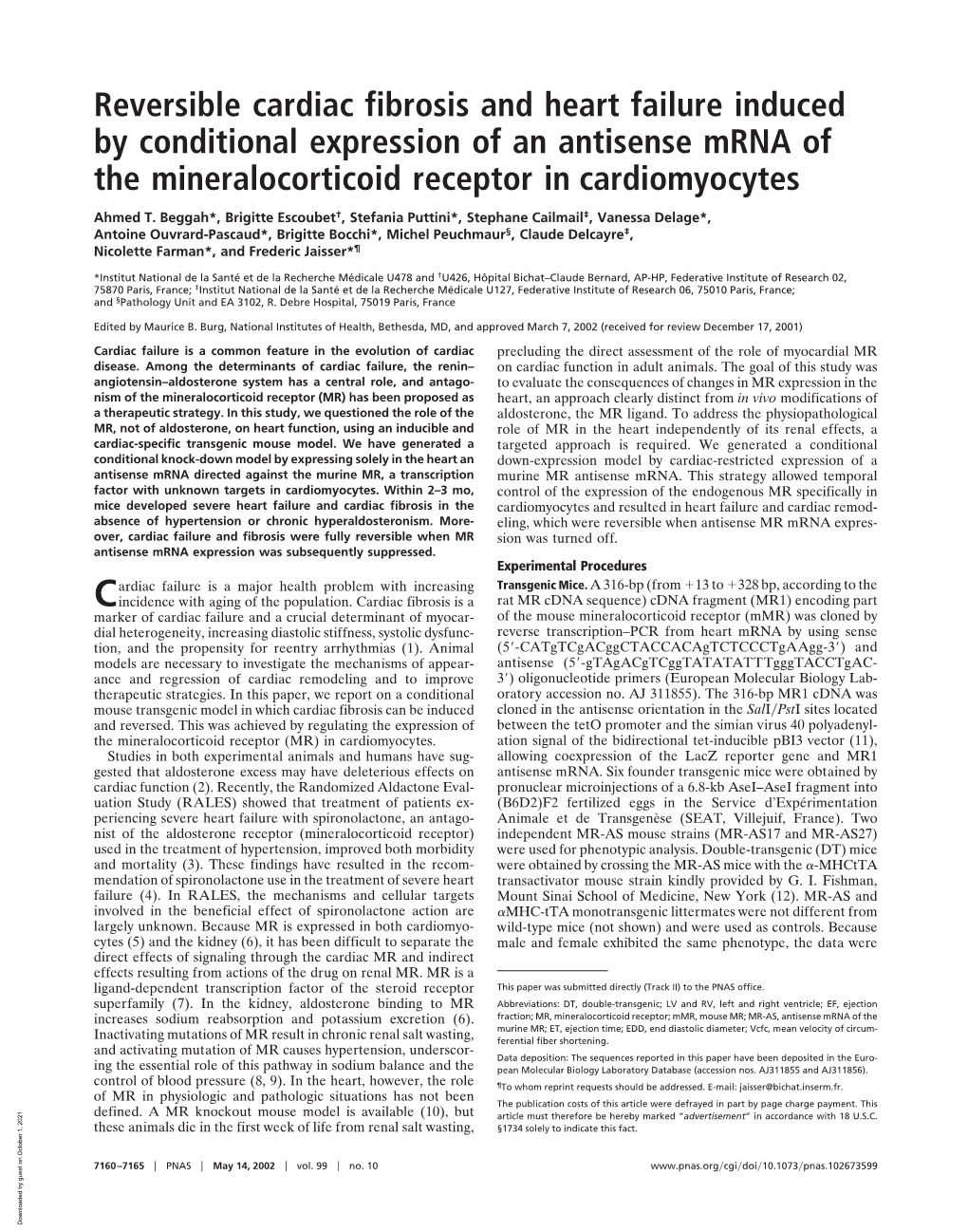 Reversible Cardiac Fibrosis and Heart Failure Induced by Conditional Expression of an Antisense Mrna of the Mineralocorticoid Receptor in Cardiomyocytes
