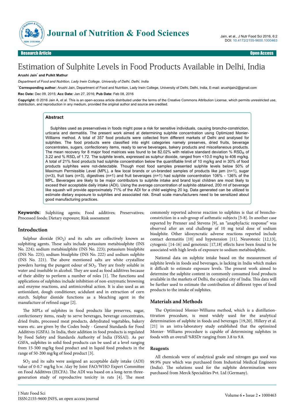 Estimation of Sulphite Levels in Food Products Available in Delhi, India