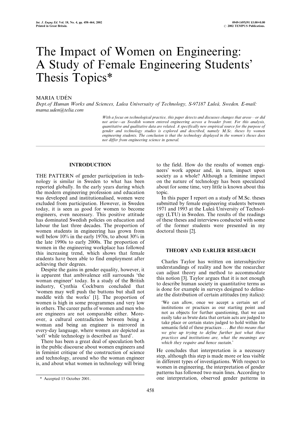 The Impact of Women on Engineering: a Study of Female Engineering Students' Thesis Topics*