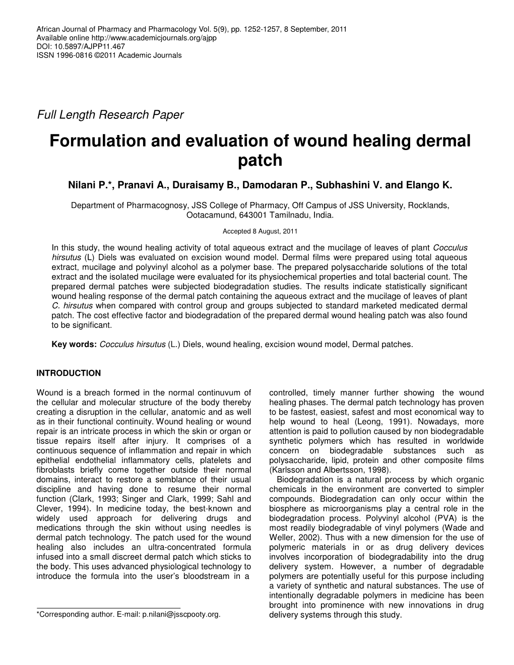 Formulation and Evaluation of Wound Healing Dermal Patch