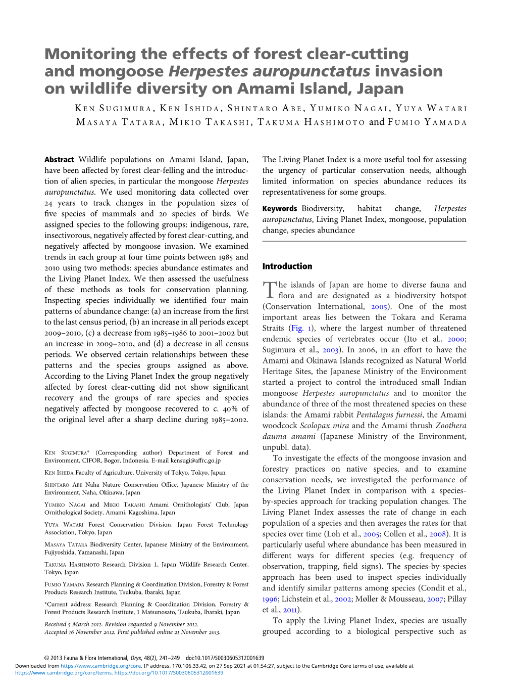 Monitoring the Effects of Forest Clear-Cutting and Mongoose Herpestes Auropunctatus Invasion on Wildlife Diversity on Amami Island, Japan