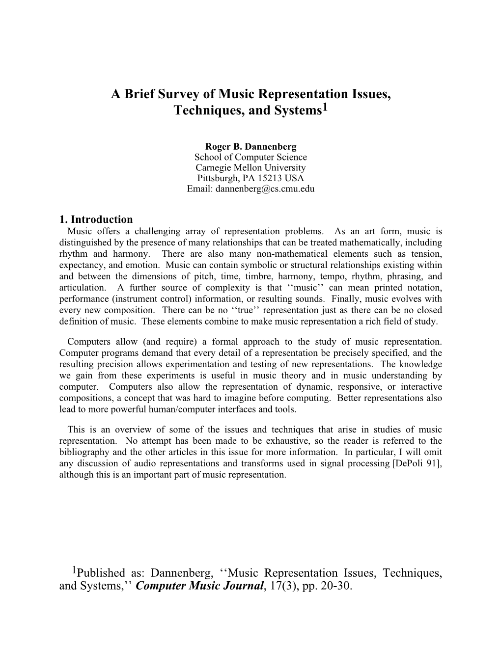 Music Representation Issues, Techniques, and Systems1