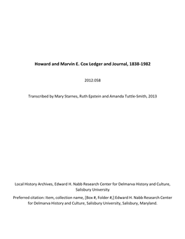 Howard and Marvin E. Cox Ledger and Journal, 1838-1982