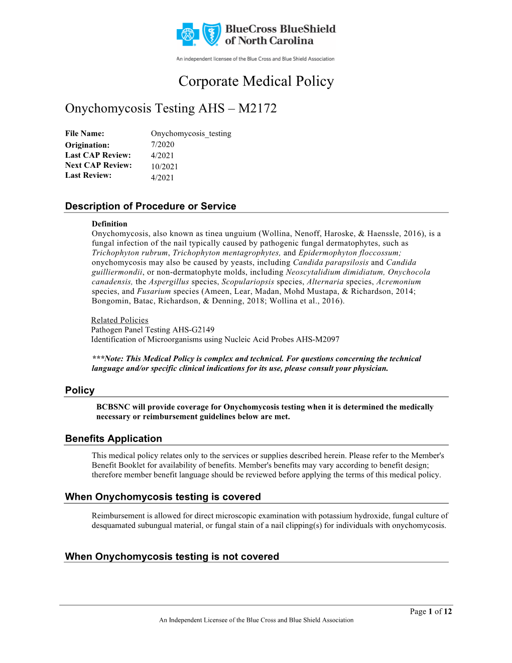 Onychomycosis Testing AHS – M2172