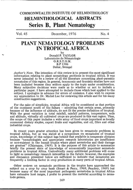 Plant Nematology Problems in Tropical Africa