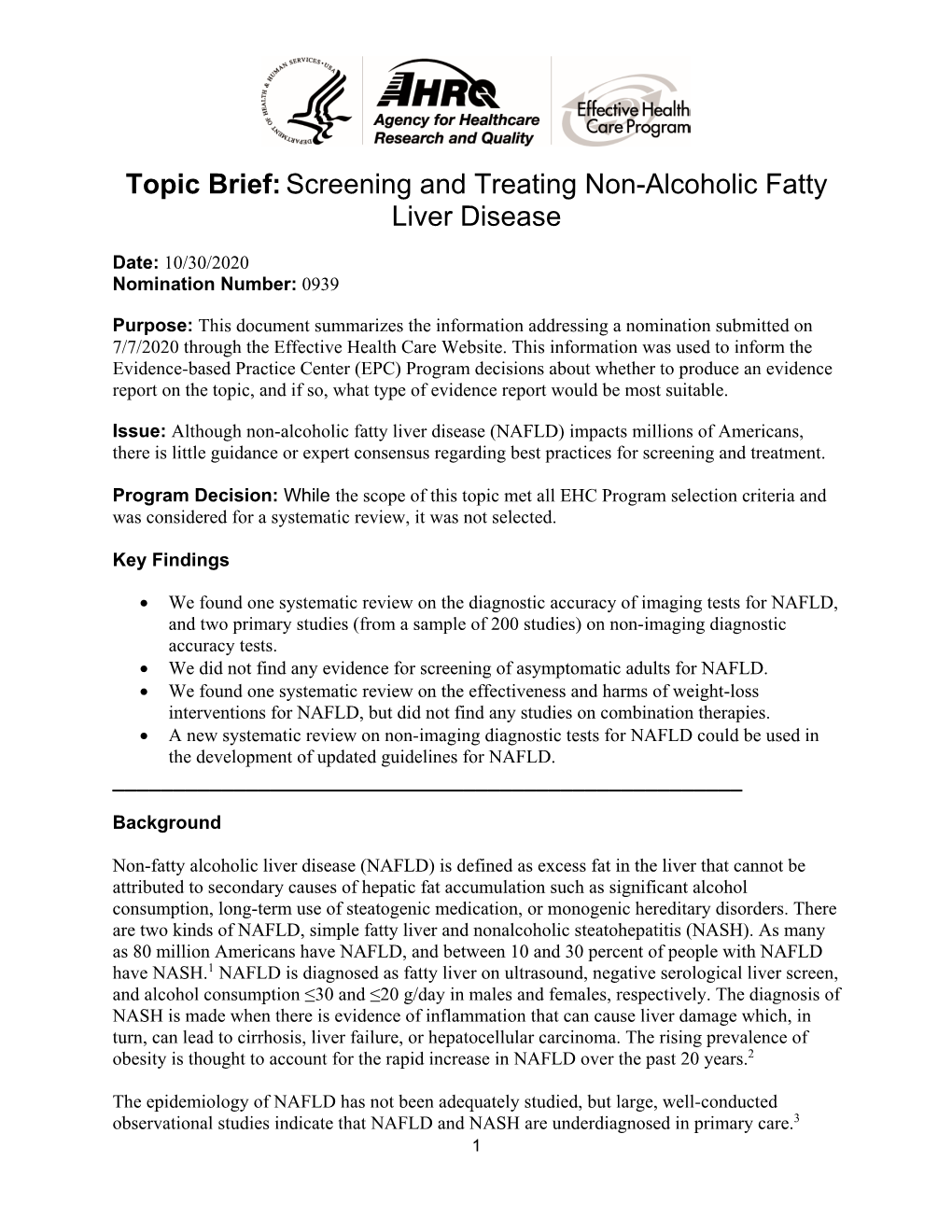 Topic Brief: Screening and Treating Non-Alcoholic Fatty Liver Disease