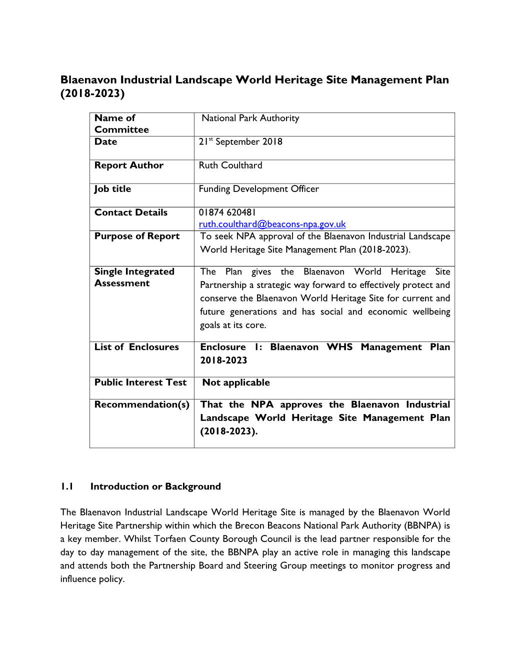 Blaenavon Industrial Landscape World Heritage Site Management Plan (2018-2023)