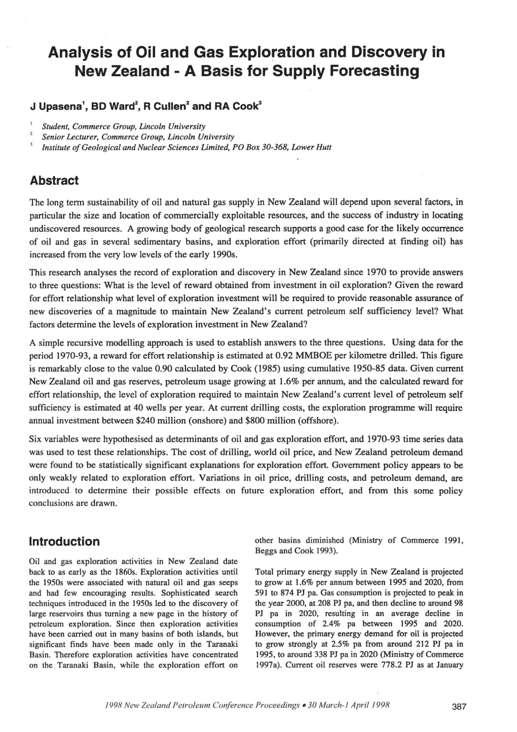 Analysis of Oil and Gas Exploration and Discovery in New Zealand - a Basis for Supply Forecasting