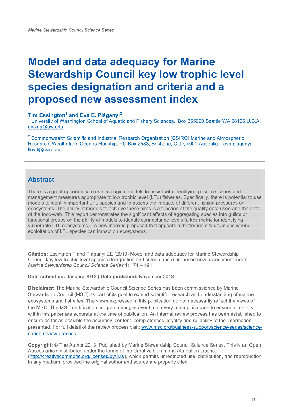 Model and Data Adequacy for Marine Stewardship Council Key Low Trophic Level Species Designation and Criteria and a Proposed New Assessment Index