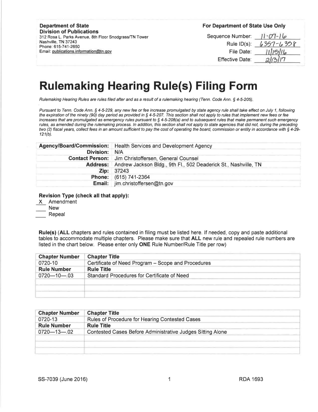 Rulemaking Hearing Rule(S) Filing Form