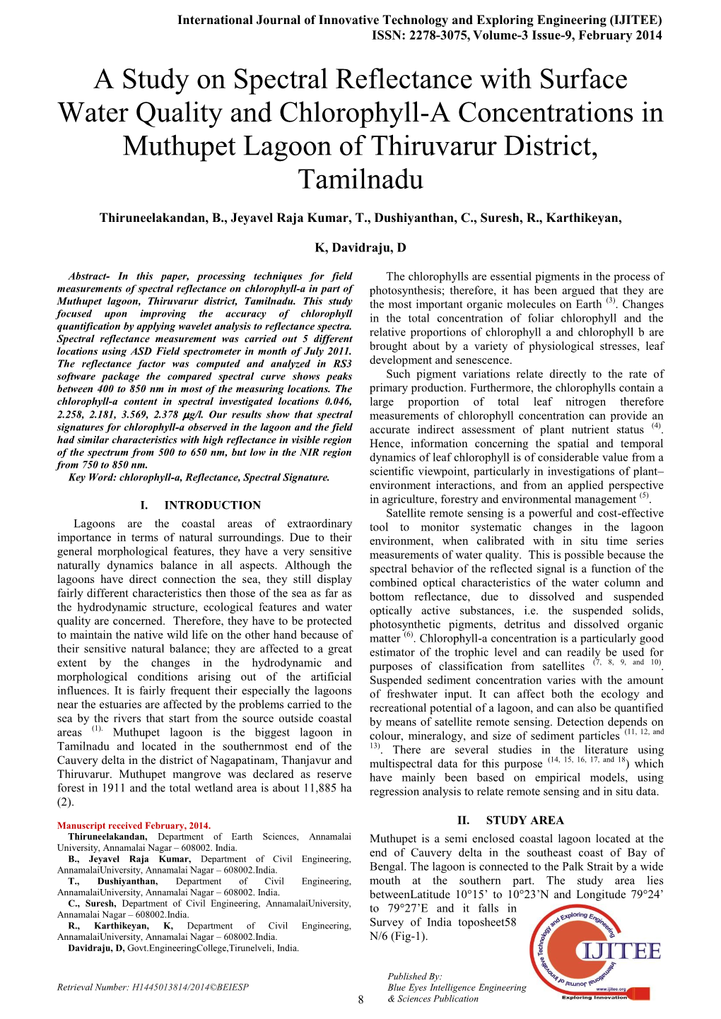 A Study on Spectral Reflectance with Surface Water Quality and Chlorophyll-A Concentrations in Muthupet Lagoon of Thiruvarur District, Tamilnadu