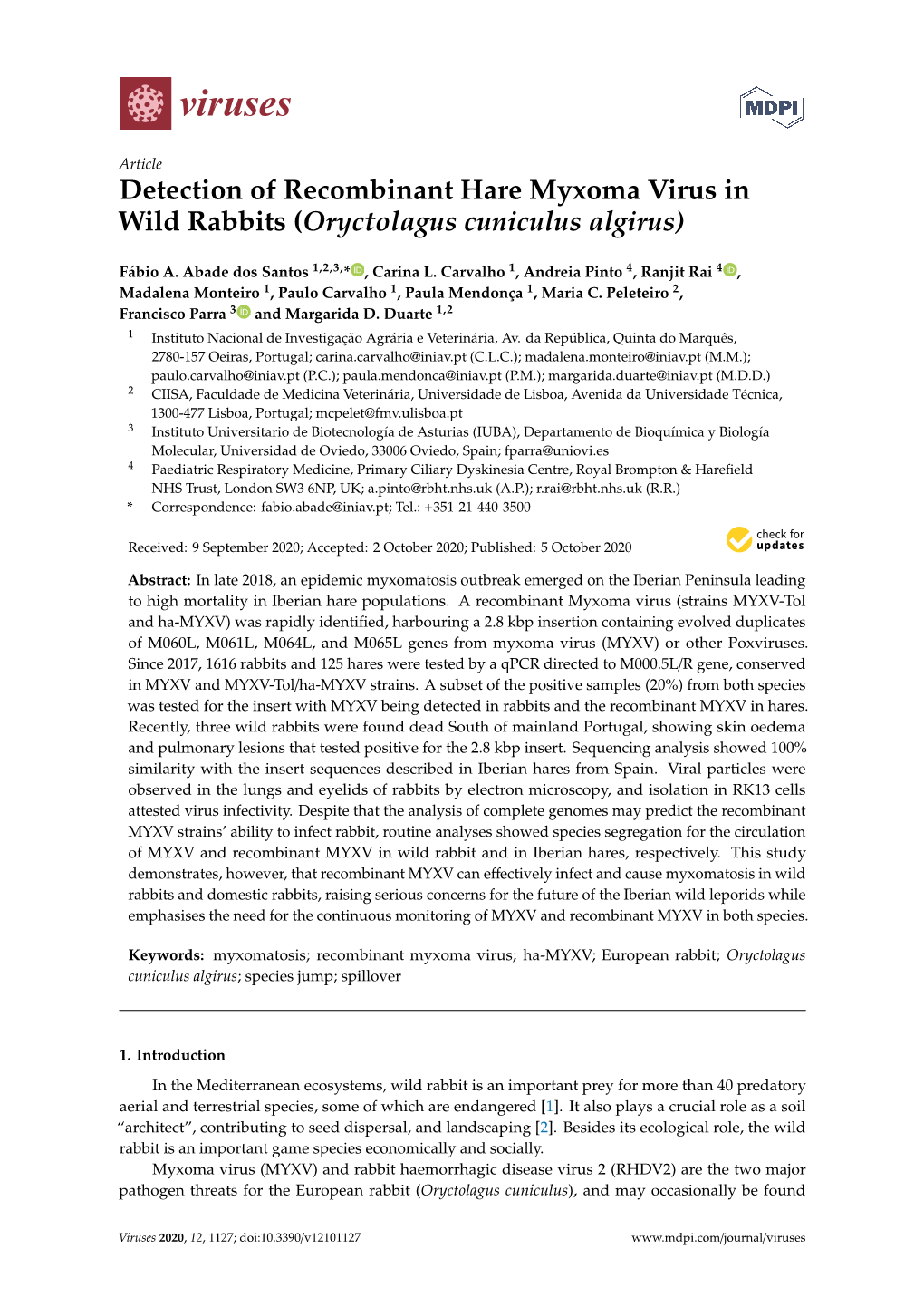 Detection of Recombinant Hare Myxoma Virus in Wild Rabbits (Oryctolagus Cuniculus Algirus)