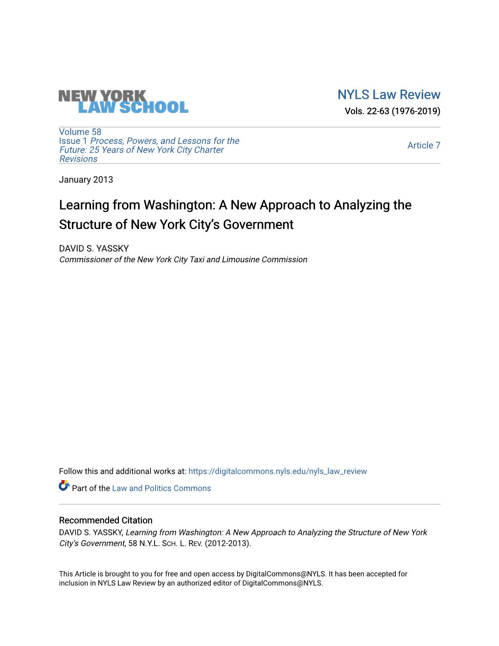 A New Approach to Analyzing the Structure of New York City’S Government