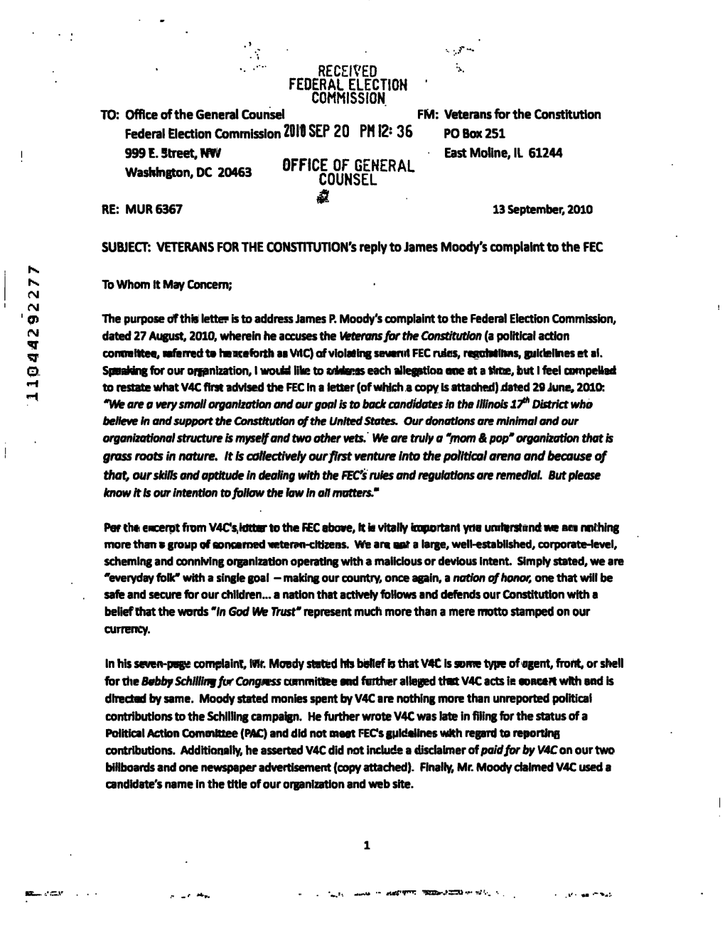 COMMISSION TO: Office of the General Counsel FM: Veteransfor the Constitution Federal Election Commission 2DIB SEP 20 PN 12: 36 PO Box 251 999 E