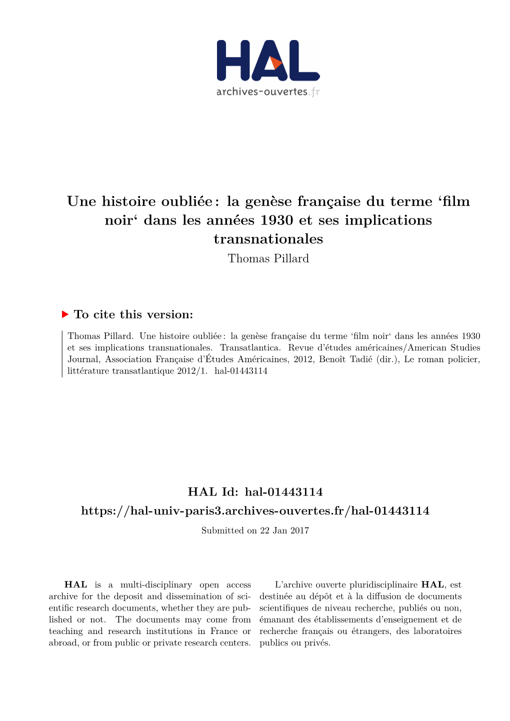 Film Noir‘ Dans Les Années 1930 Et Ses Implications Transnationales Thomas Pillard