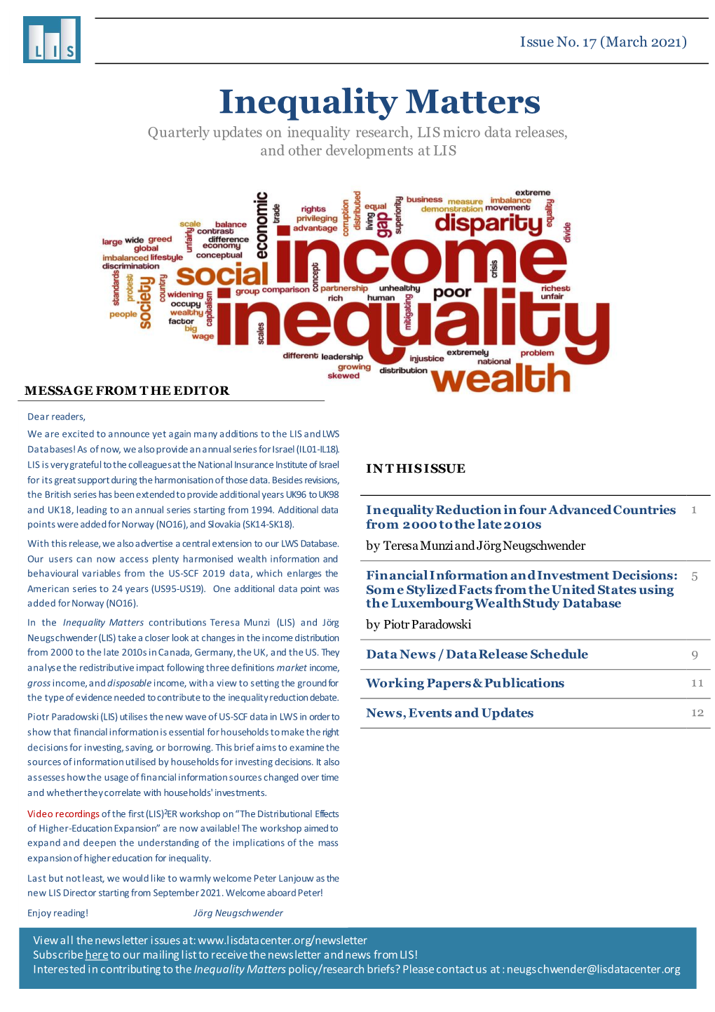 Inequality Matters Quarterly Updates on Inequality Research, LIS Micro Data Releases, and Other Developments at LIS