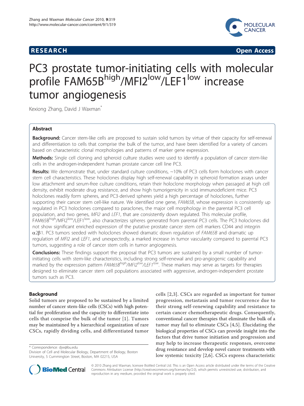 PC3 Prostate Tumor-Initiating Cells with Molecular Profile FAM65B /MFI2