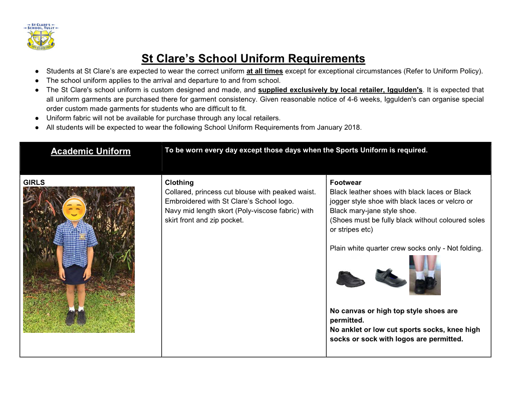 St Clare's School Uniform Requirements