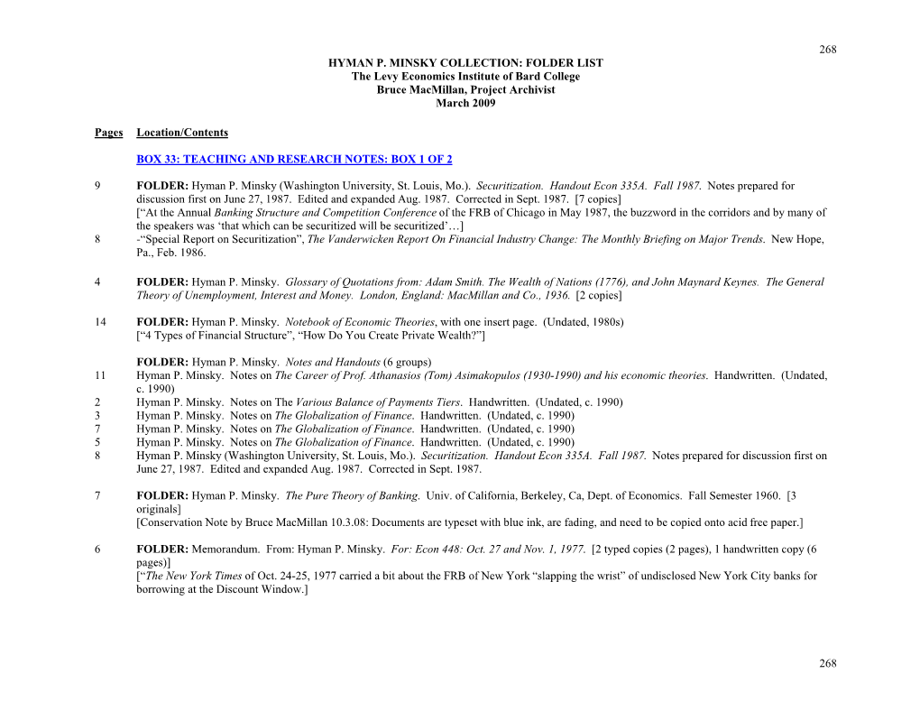 268 HYMAN P. MINSKY COLLECTION: FOLDER LIST the Levy Economics Institute of Bard College Bruce Macmillan, Project Archivist March 2009