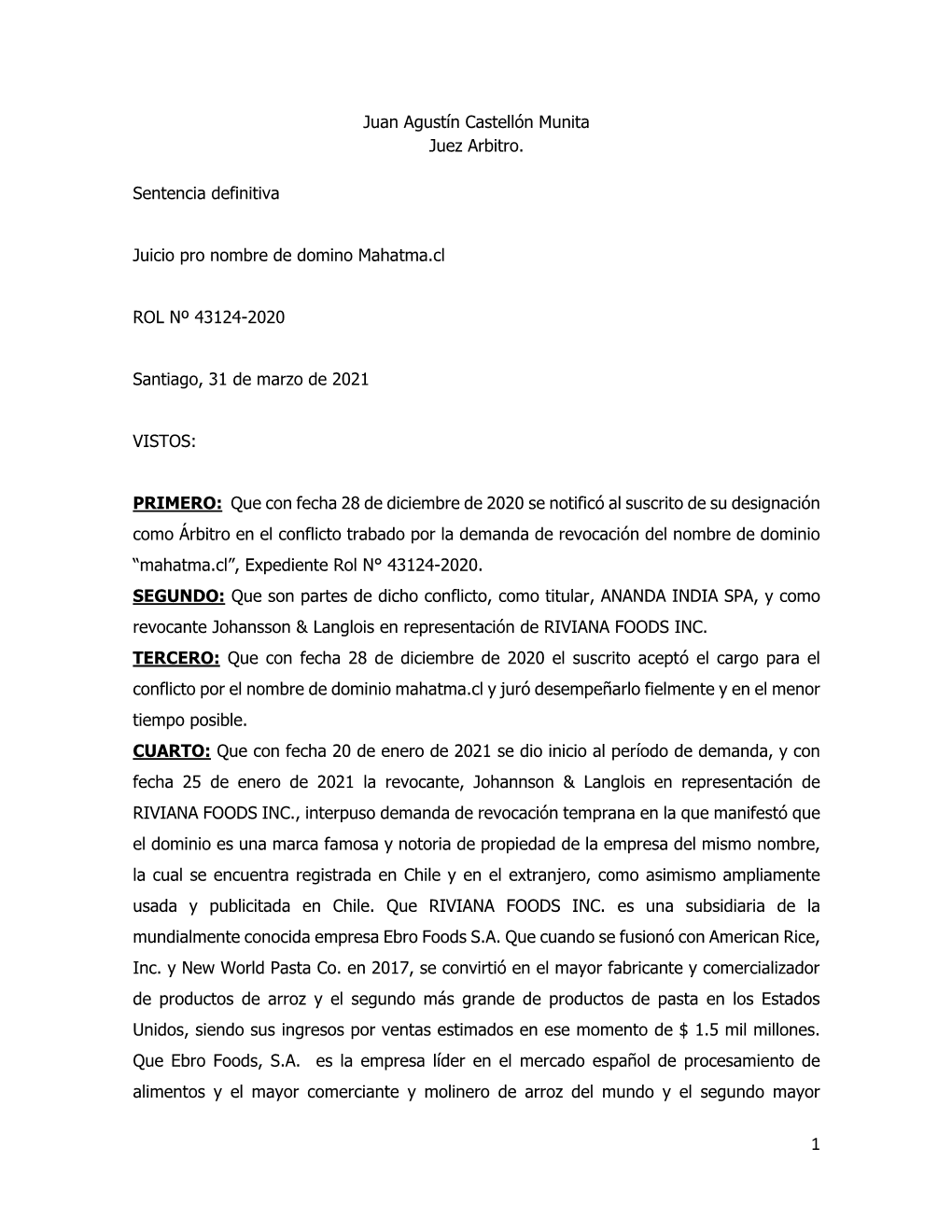 Juan Agustín Castellón Munita Juez Arbitro. Sentencia Definitiva Juicio