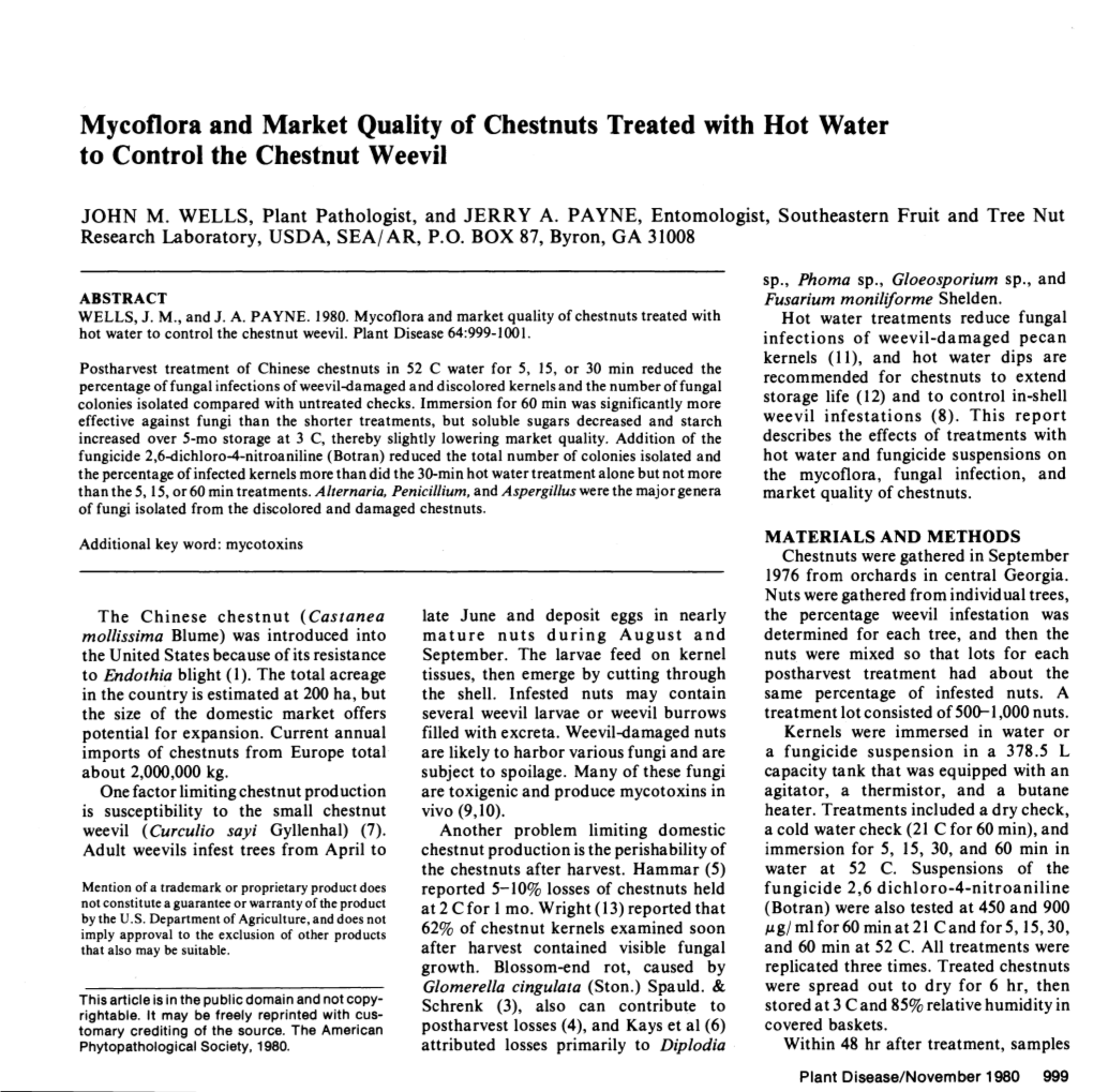 Mycoflora and Market Quality of Chestnuts Treated with Hot Water to Control the Chestnut Weevil