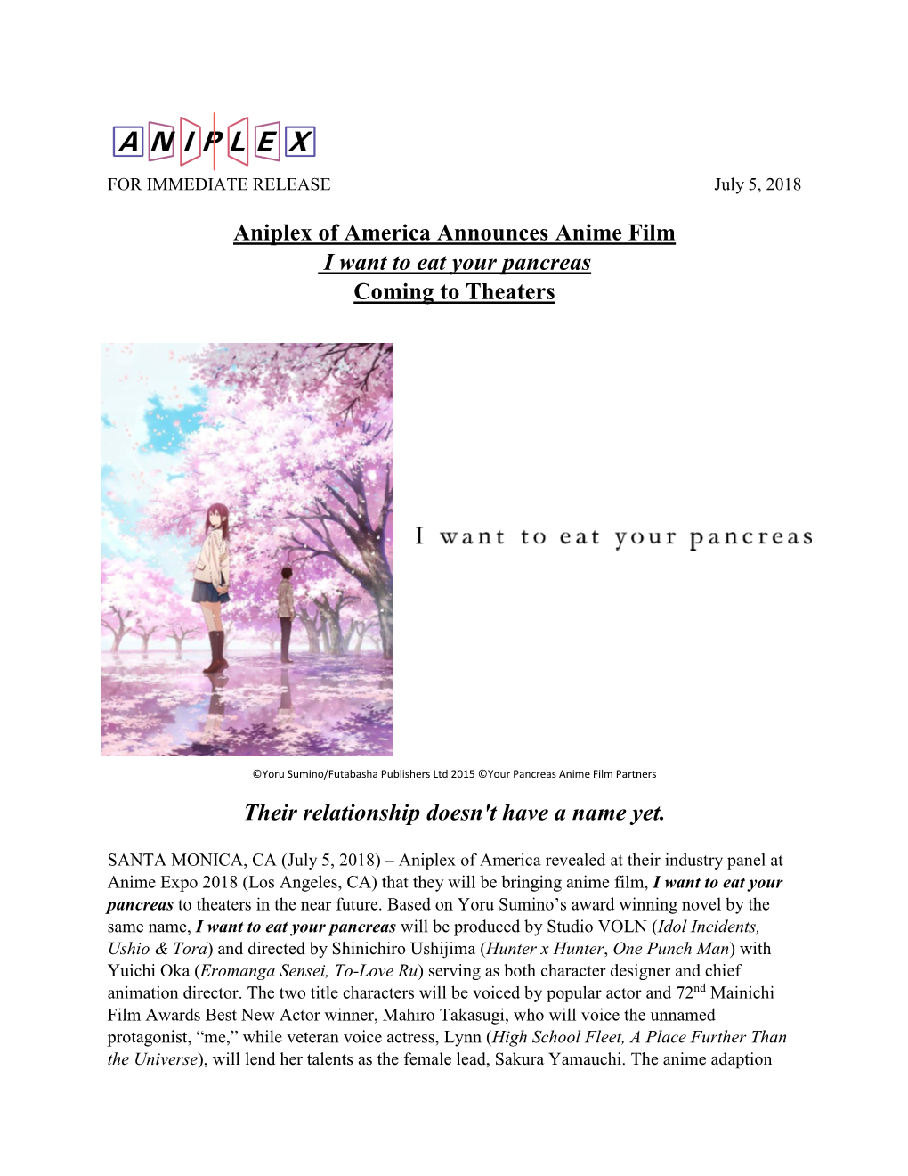 Aniplex of America Announces Anime Film I Want to Eat Your Pancreas Coming to Theaters