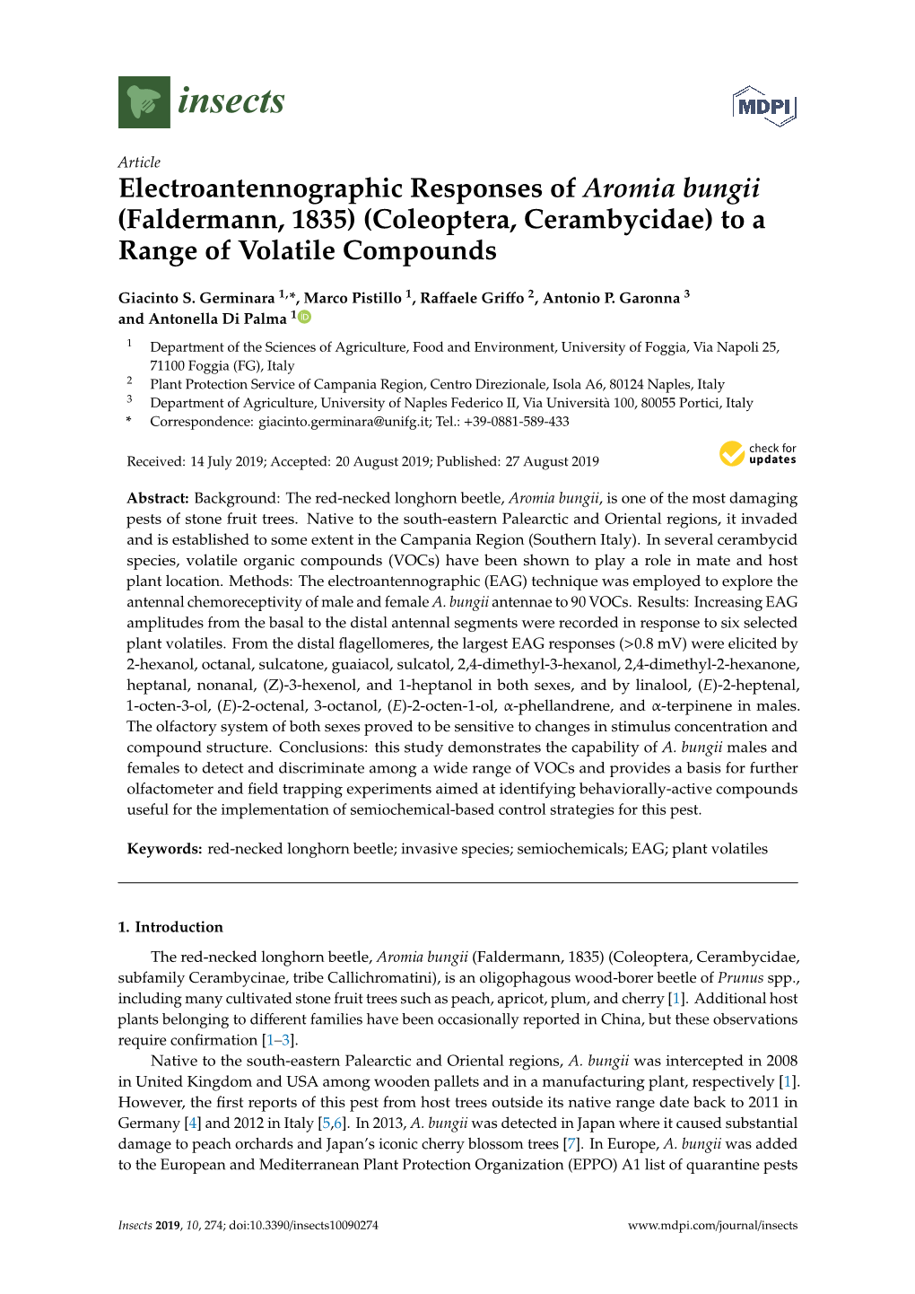 Electroantennographic Responses of Aromia Bungii (Faldermann, 1835) (Coleoptera, Cerambycidae) to a Range of Volatile Compounds