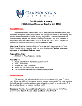 Oak Mountain Academy Middle School Summer Reading List 2018