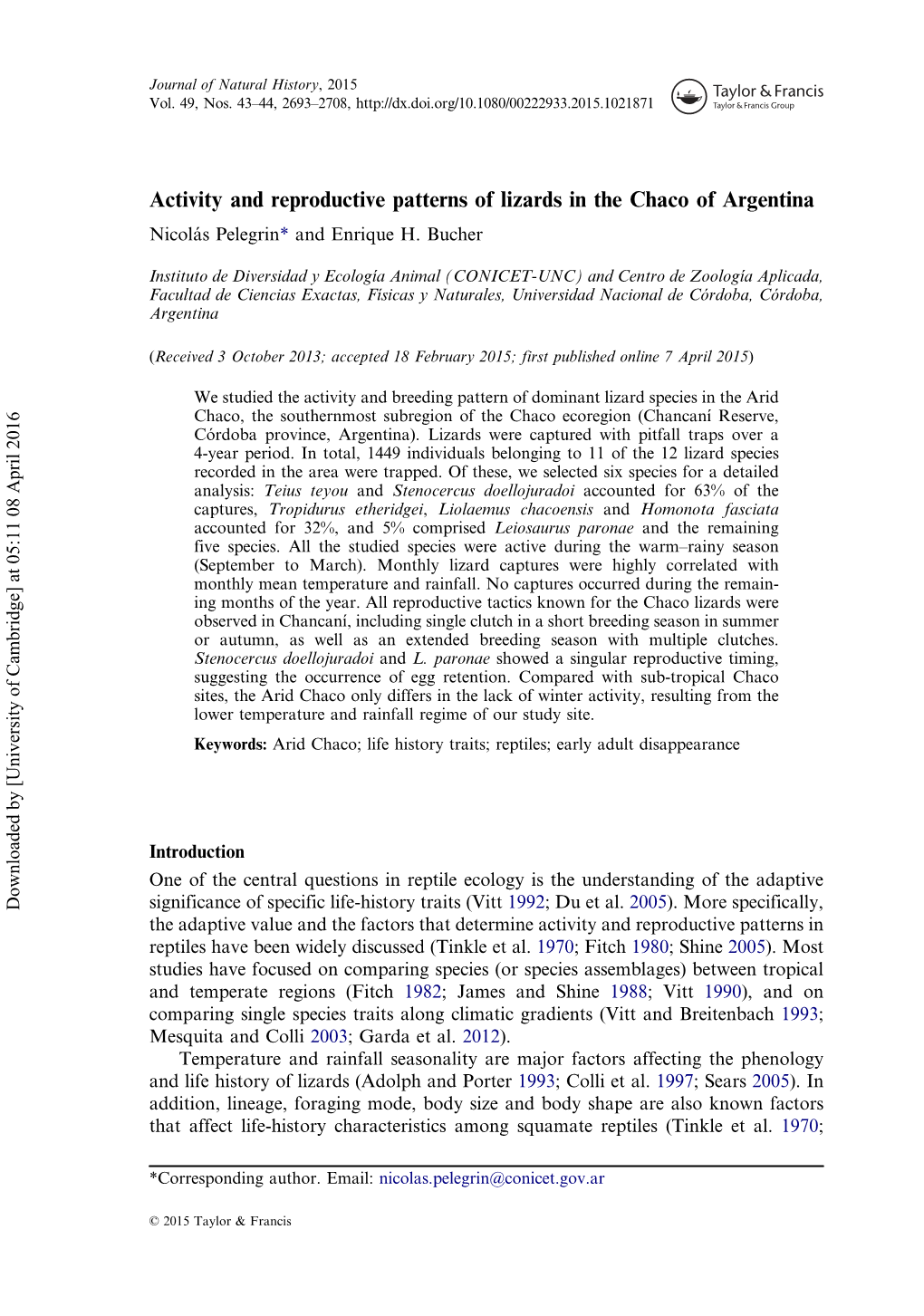 Activity and Reproductive Patterns of Lizards in the Chaco of Argentina Nicolás Pelegrin* and Enrique H