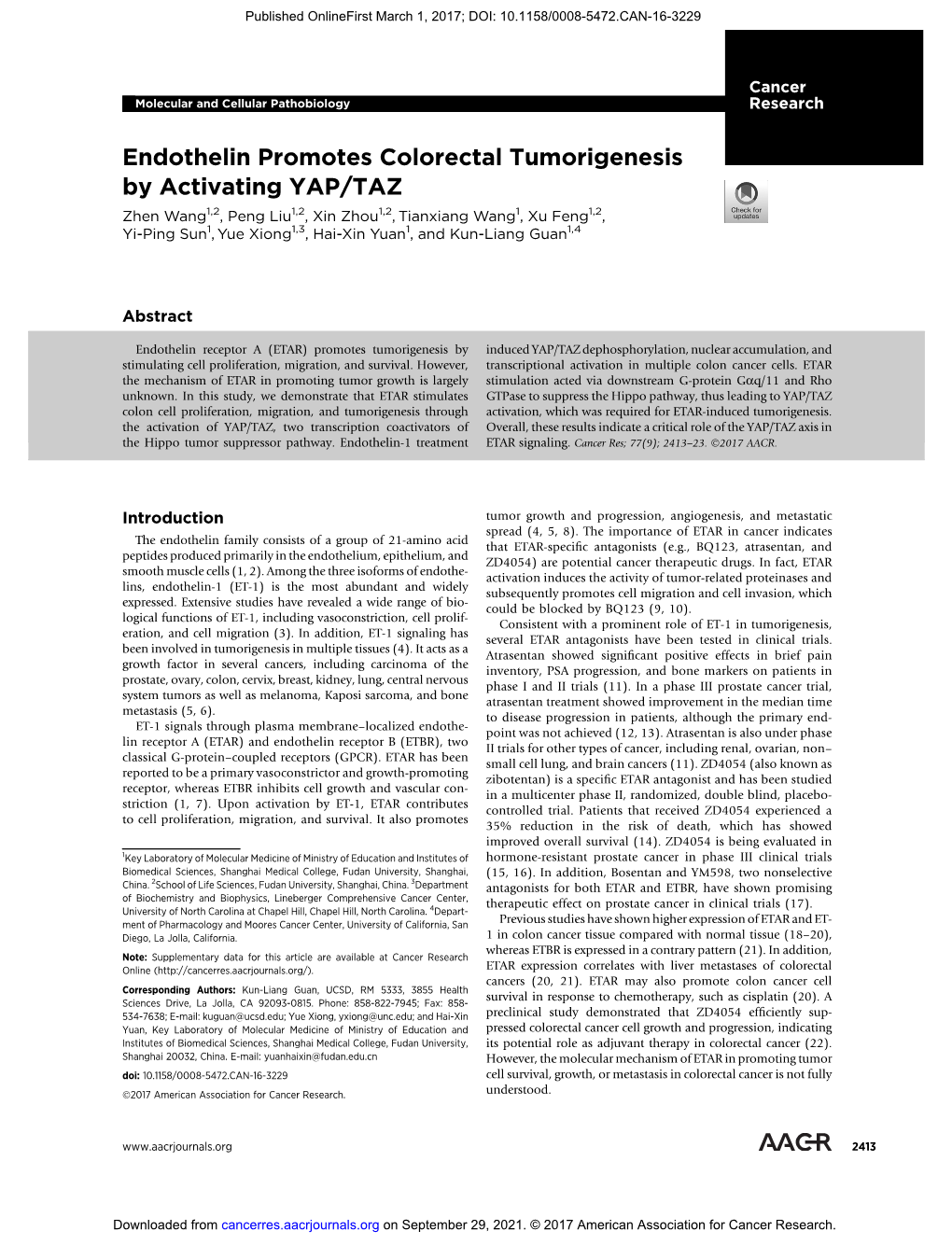 Endothelin Promotes Colorectal Tumorigenesis by Activating YAP/TAZ