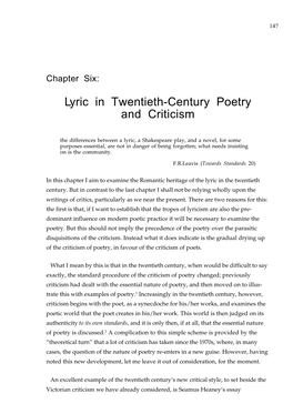 Lyric in Twentieth-Century Poetry and Criticism