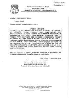 República Federativa Do Brasil Estado Do Ceará MUNICÍPIO DE CEDRO - PODER EXECUTIVO