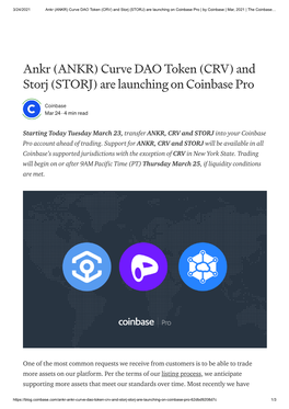 (ANKR) Curve DAO Token (CRV) and Storj (STORJ) Are Launching on Coinbase Pro | by Coinbase | Mar, 2021 | the Coinbase…