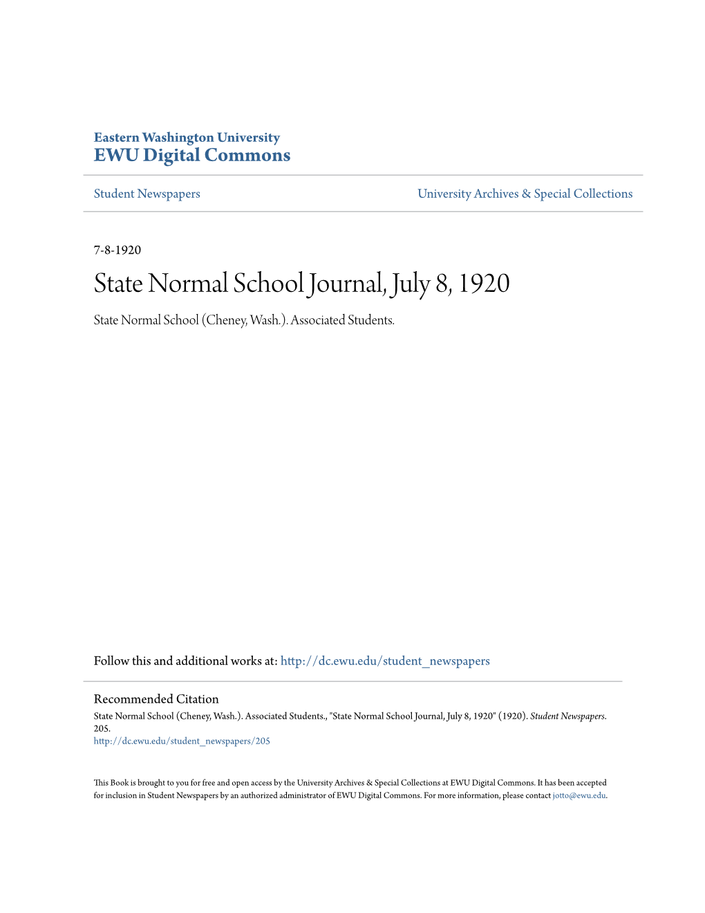 State Normal School Journal, July 8, 1920 State Normal School (Cheney, Wash.)