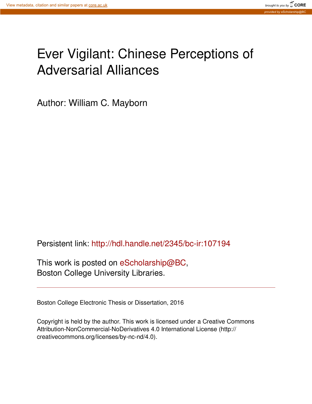 Ever Vigilant: Chinese Perceptions of Adversarial Alliances