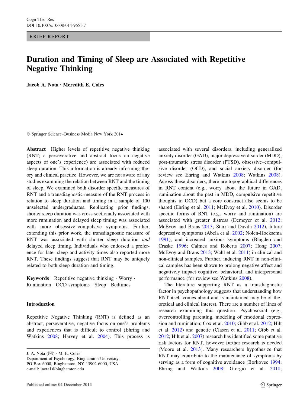 Duration and Timing of Sleep Are Associated with Repetitive Negative Thinking