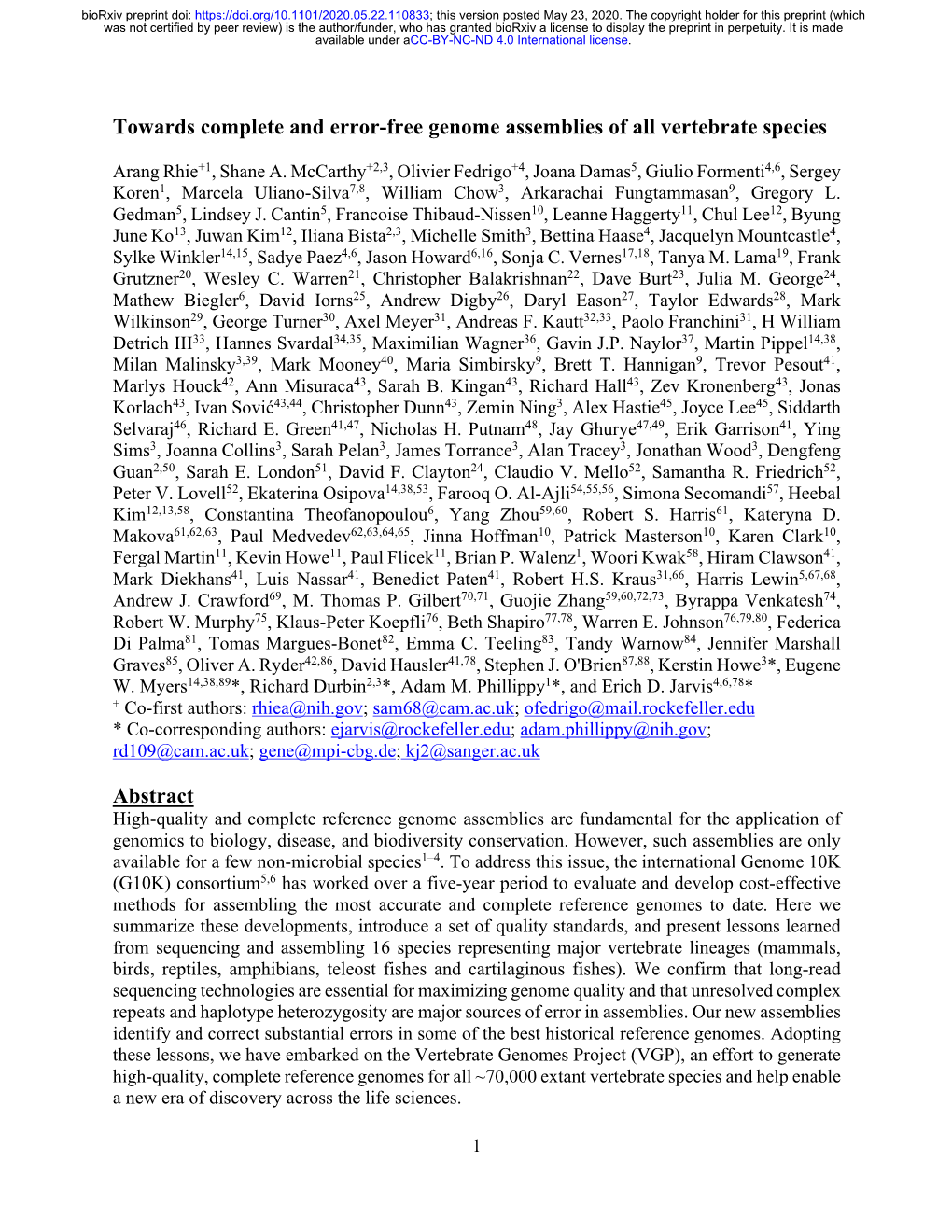 Towards Complete and Error-Free Genome Assemblies of All Vertebrate Species