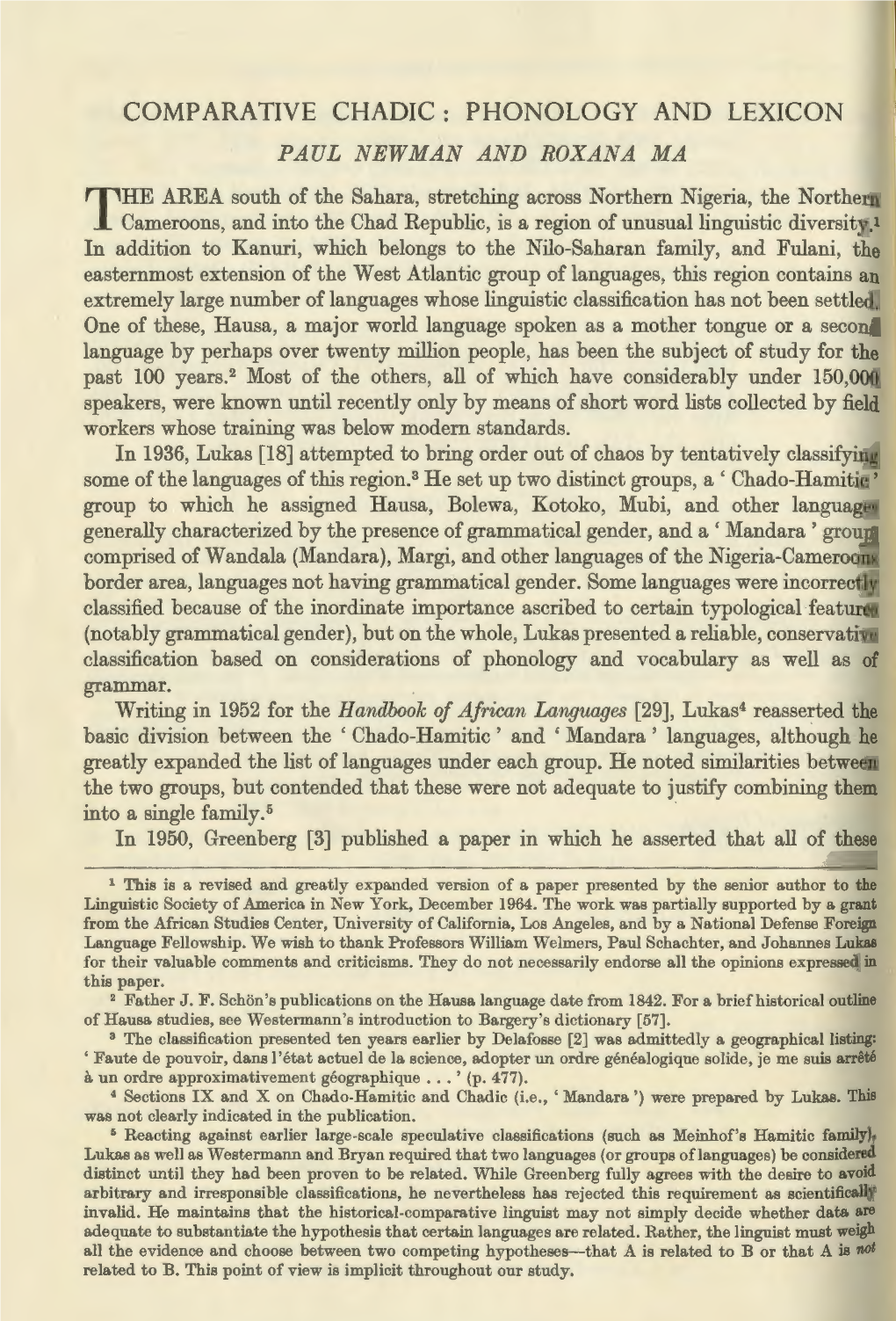 Comparative Chadic : Phonology and Lexicon