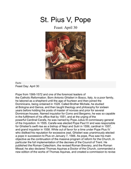 St. Pius V, Pope Feast: April 30