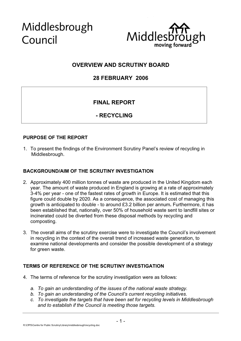 Middlesbrough Council Recycling Report 28 February 2006