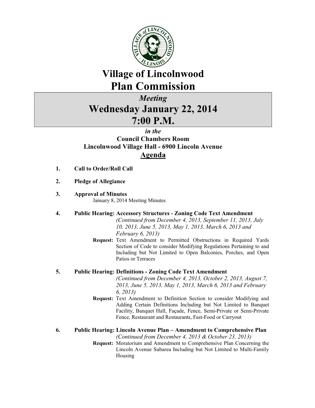 Plan Commission Meeting Wednesday January 22, 2014 7:00 P.M