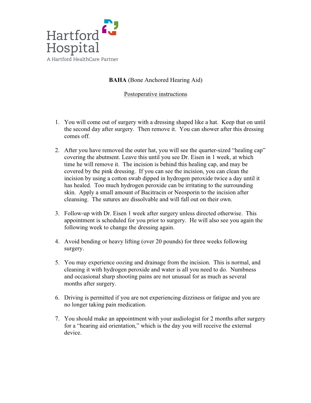 POST-OP Instructions for BAHA Surgery