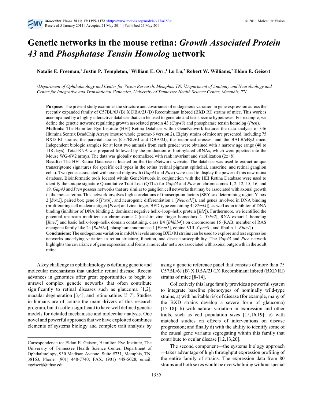 Genetic Networks in the Mouse Retina: Growth Associated Protein 43 and Phosphatase Tensin Homolog Network