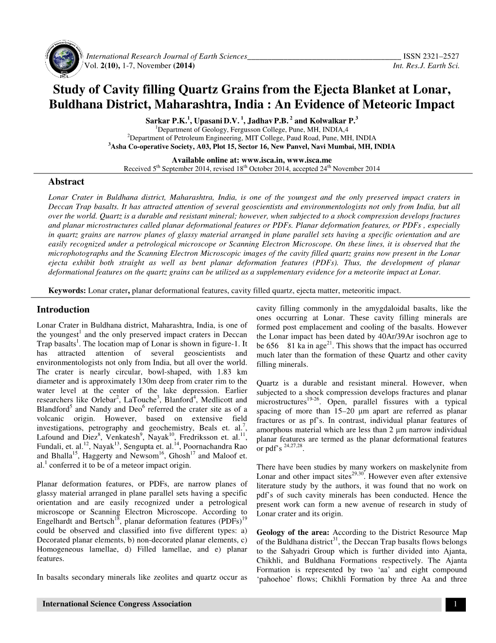 Study of Cavity Filling Quartz Grains from the Ejecta Blanket at Lonar, Buldhana District, Maharashtra, India : an Evidence of Meteoric Impact